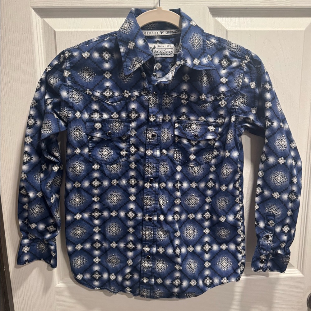 Cowboy Hardware Kids Blue Tonal Aztec  Western Shirt Little Boys  M 7/8